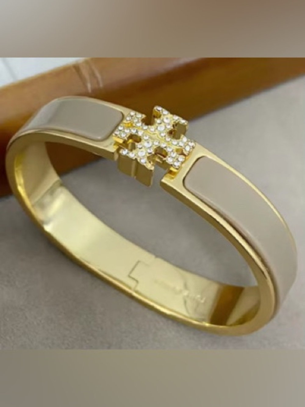Tory Burch Gold-Tone Bracelet with Taupe Enamel and Crystal Cross